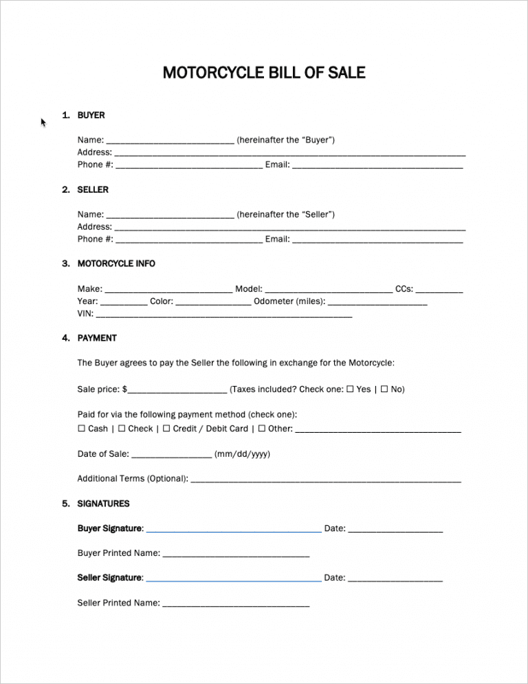 Motorcycle Bill of Sale Form preview