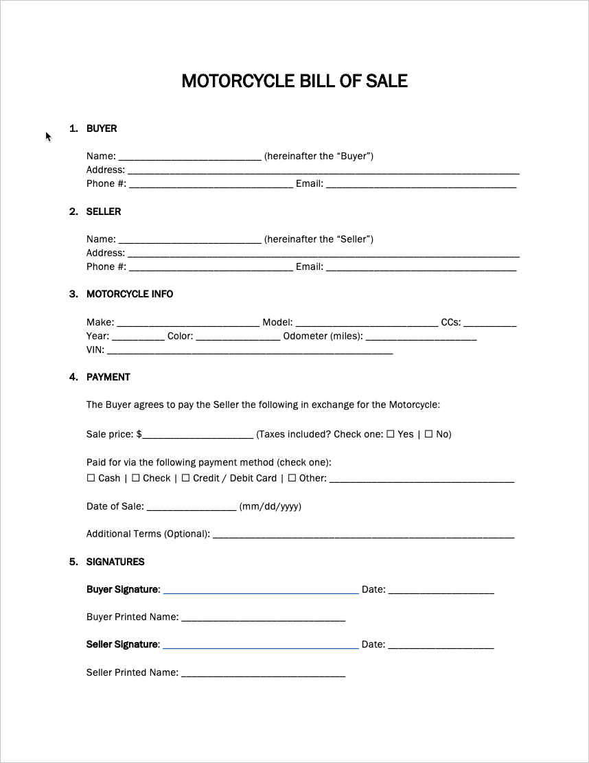 Free Motorcycle Bill of Sale Form PDF WORD RTF