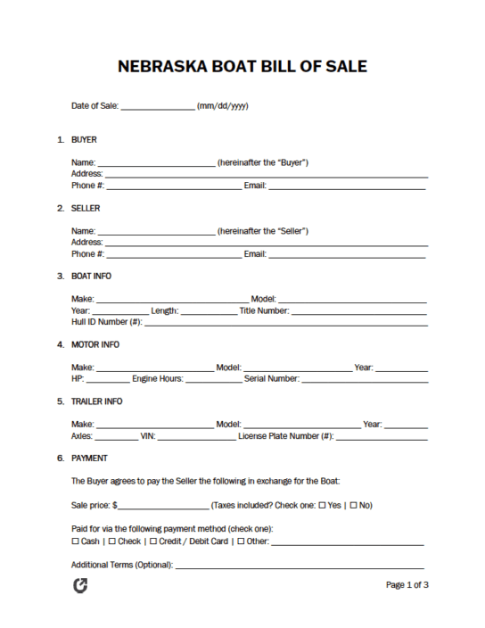 Free Nebraska Boat Bill of Sale Form PDF WORD RTF