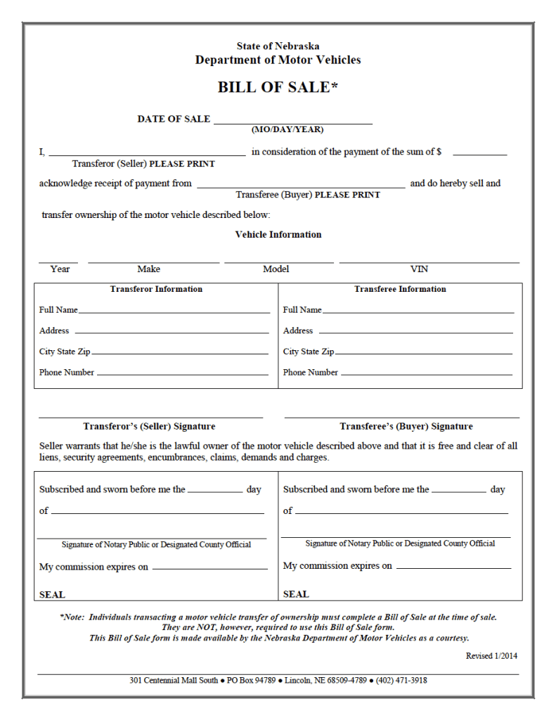Free Nebraska Bill Of Sale Forms 5 PDF