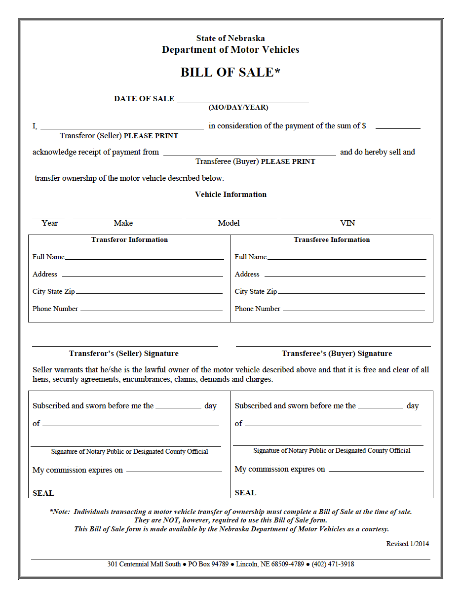 Free Nebraska Bill of Sale Forms (5) PDF