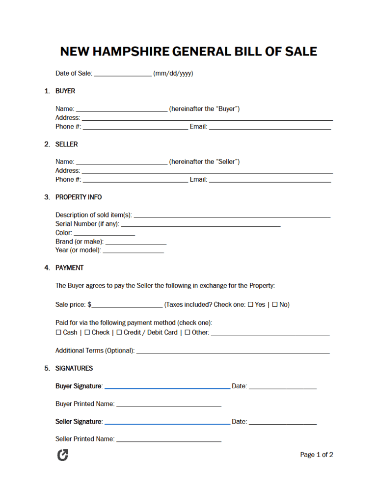 New Hampshire General Bill of Sale Form preview