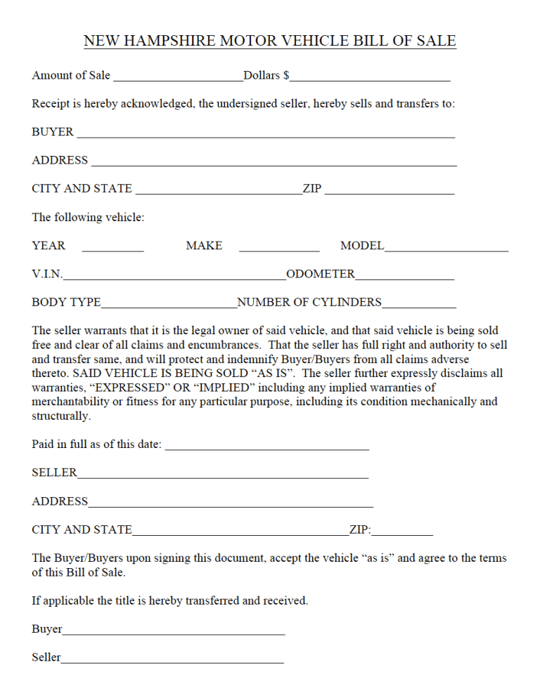 New Hampshire Motor Vehicle Bill of Sale Form preview