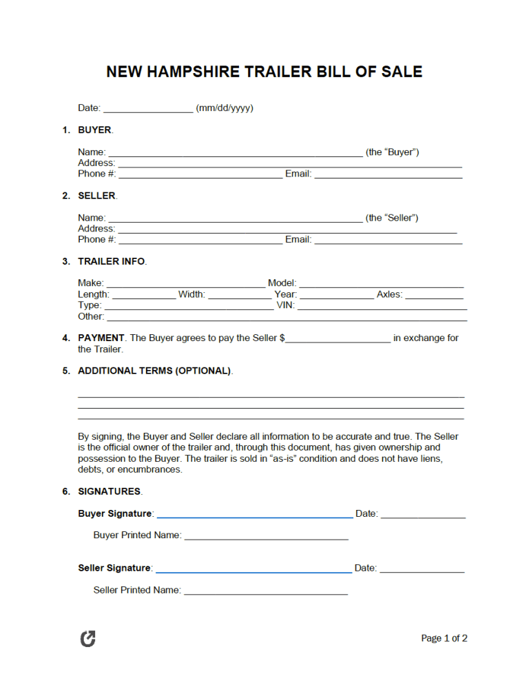 New Hampshire Trailer Bill of Sale Form preview