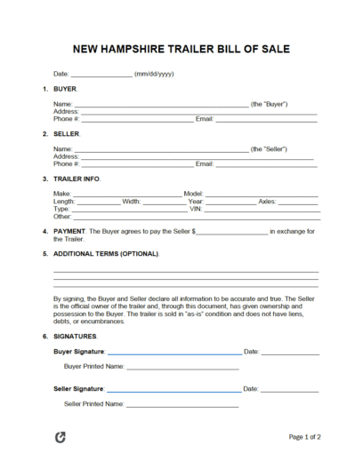 Free New Hampshire Trailer Bill of Sale Form PDF WORD RTF