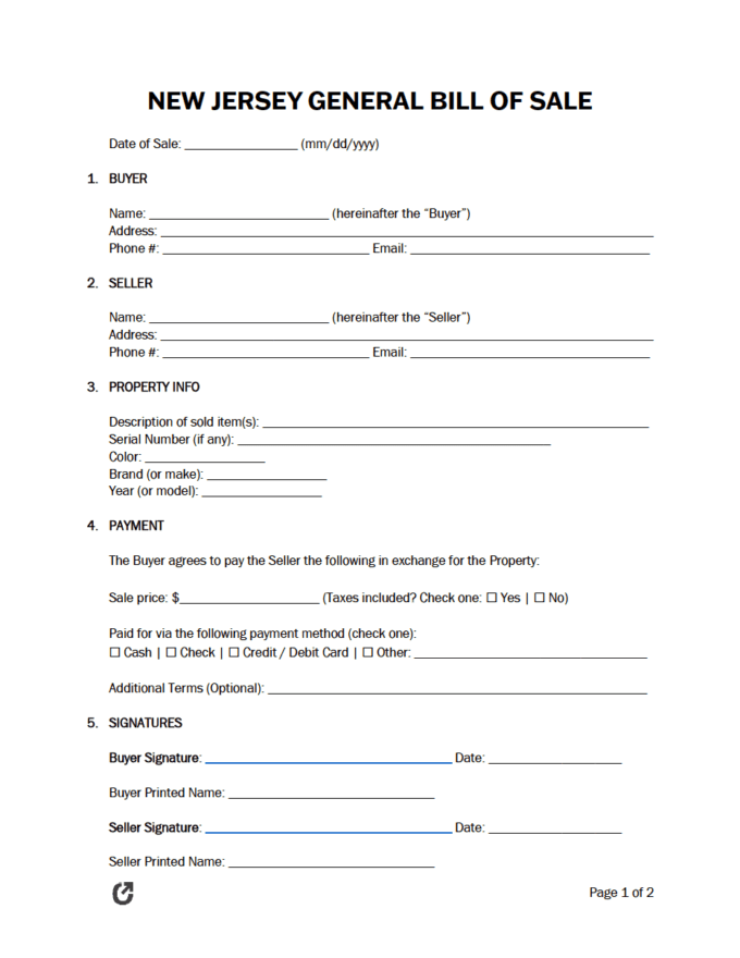 Free New Jersey General Bill of Sale Form PDF WORD RTF Free New Jersey General Bill of Sale Form PDF WORD RTF