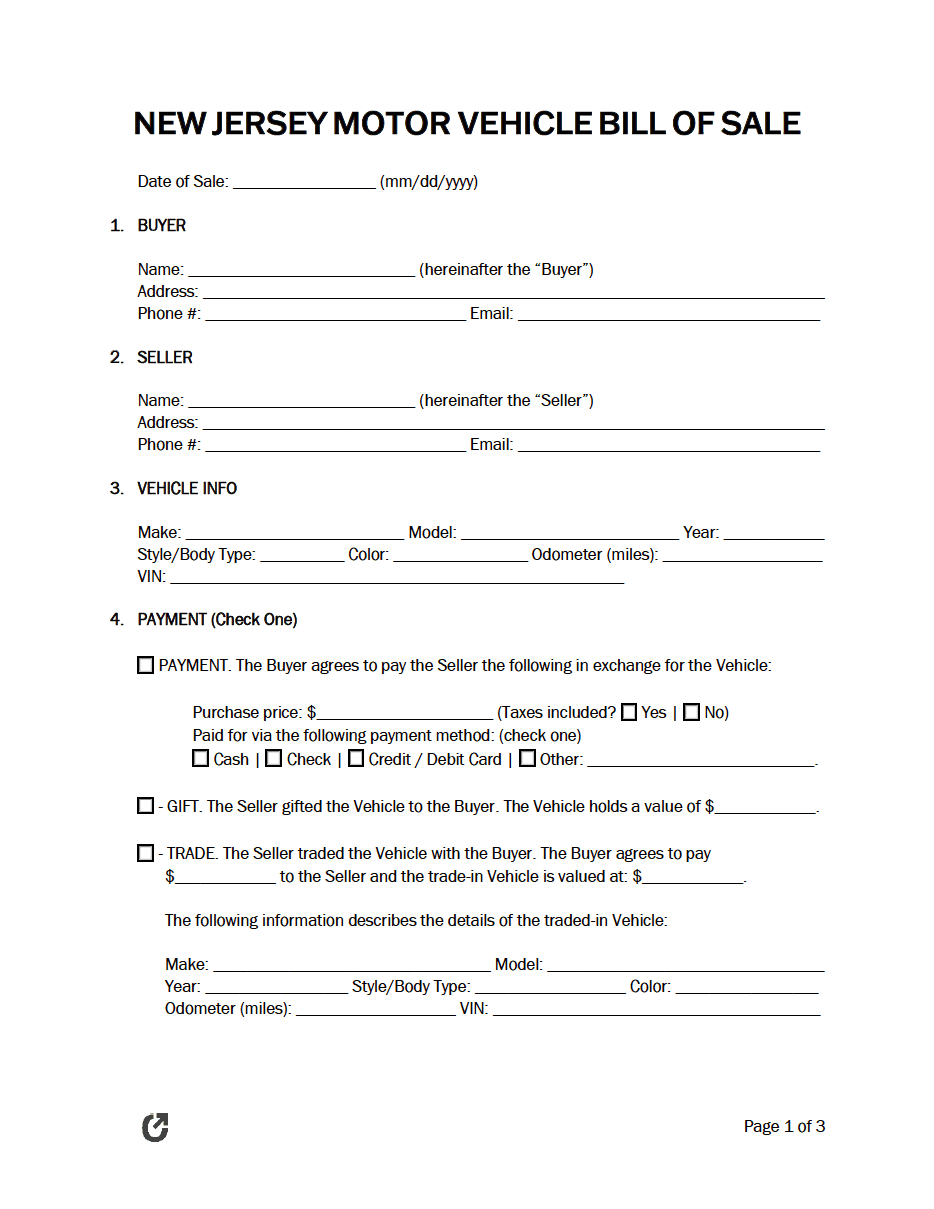 Free New Jersey Motor Vehicle Bill Of Sale Form PDF WORD RTF Free New Jersey Motor Vehicle Bill Of Sale Form PDF WORD RTF