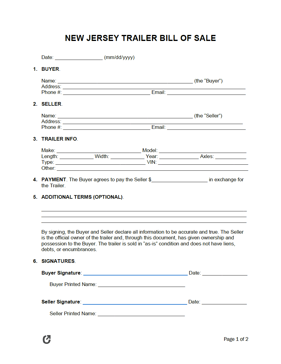 Free New Jersey Trailer Bill of Sale Form PDF WORD RTF Free New Jersey Trailer Bill of Sale Form PDF WORD RTF