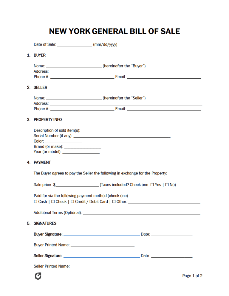 New York General Bill of Sale Form preview