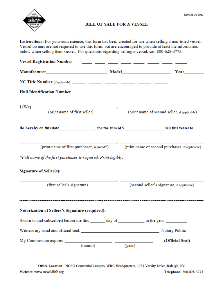 North Carolina Boat Bill of Sale Form preview