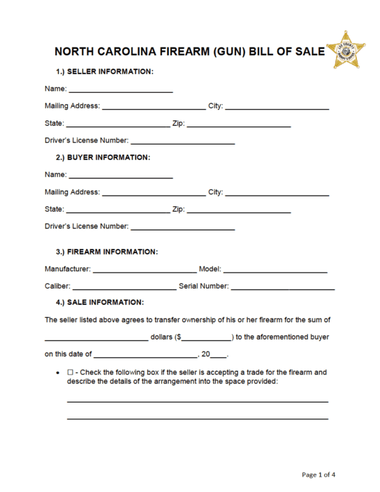 Free North Carolina Firearm Bill of Sale Form PDF