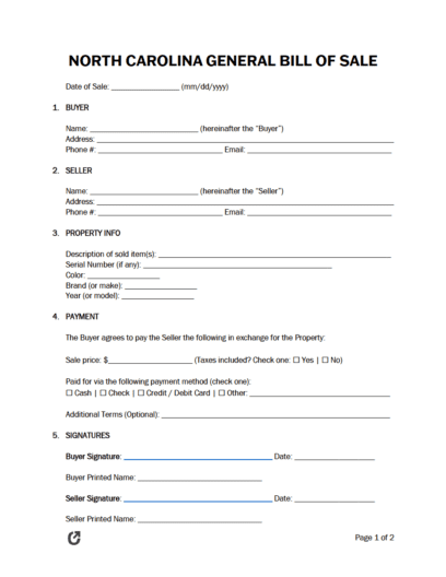 Free North Carolina General Bill of Sale Form PDF WORD RTF Free North Carolina General Bill of Sale Form PDF WORD RTF