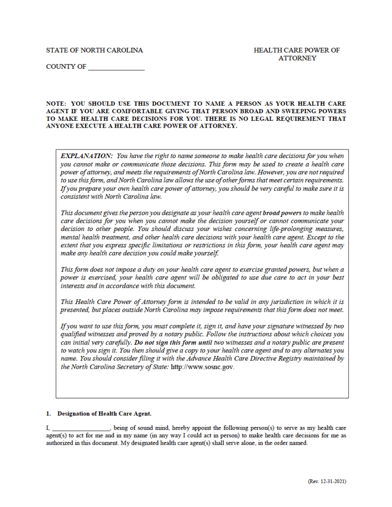 North Carolina Health Care Power of Attorney Form preview