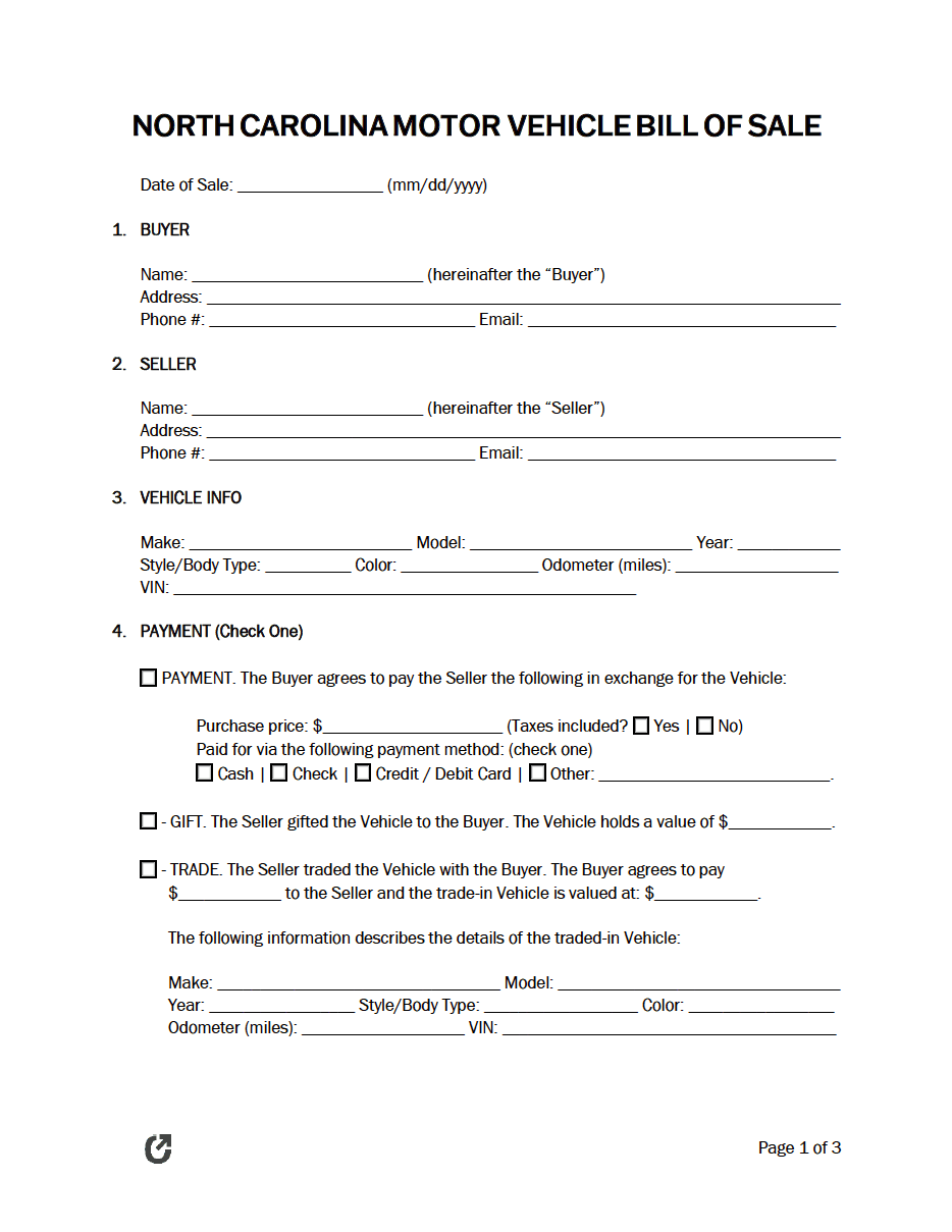 Free North Carolina Bill of Sale Forms (5) PDF WORD RTF