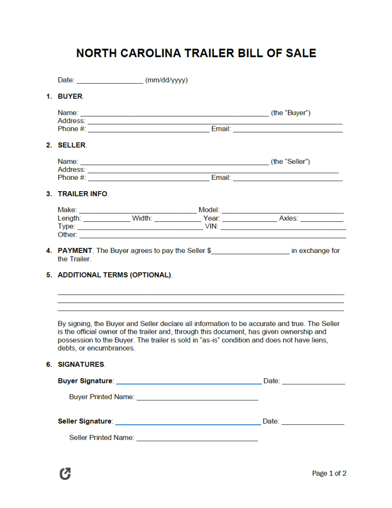 North Carolina Trailer Bill of Sale Form preview