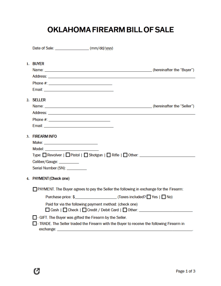 Oklahoma Firearm Bill of Sale Form preview