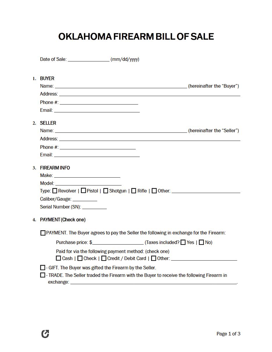 Free Oklahoma Firearm Bill Of Sale Form PDF WORD RTF Free oklahoma firearm bill of sale form pdf word rtf
