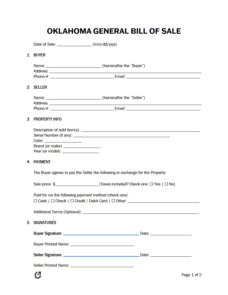 Oklahoma General Bill of Sale Form preview