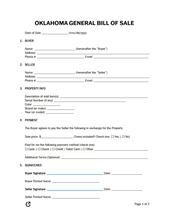Free Oklahoma General Bill of Sale Form PDF WORD RTF