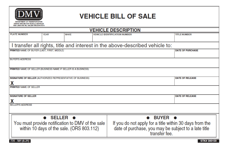 Free Oregon Motor Vehicle Bill of Sale Form | PDF