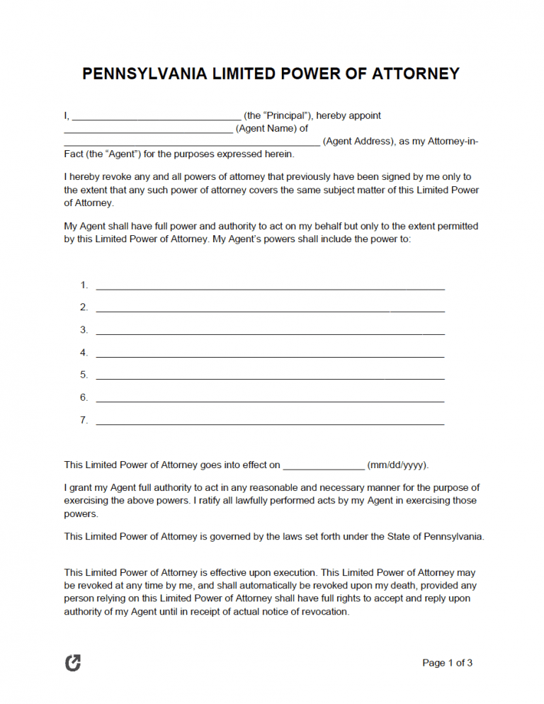 Free Pennsylvania Limited Power of Attorney Form PDF WORD RTF