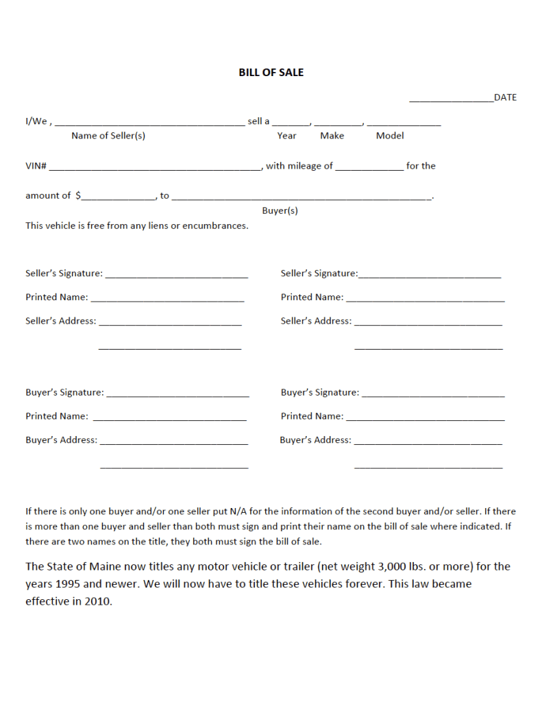 Free Maine Motor Vehicle Bill of Sale Form | PDF