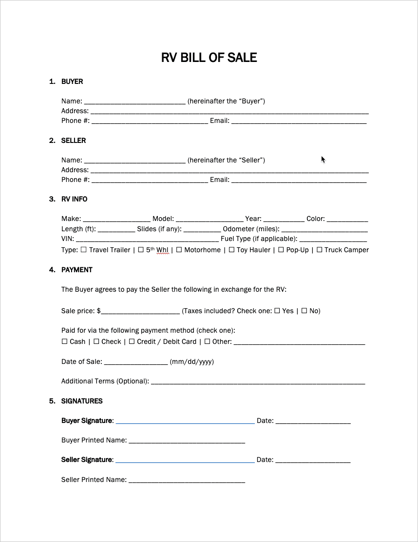 Free Recreational Vehicle (RV) Bill of Sale Form PDF WORD RTF