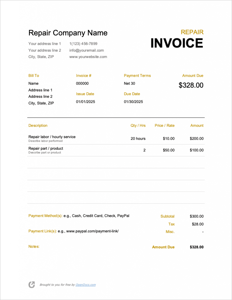 Home Repair Invoice Template Download Printable Pdf T 3597