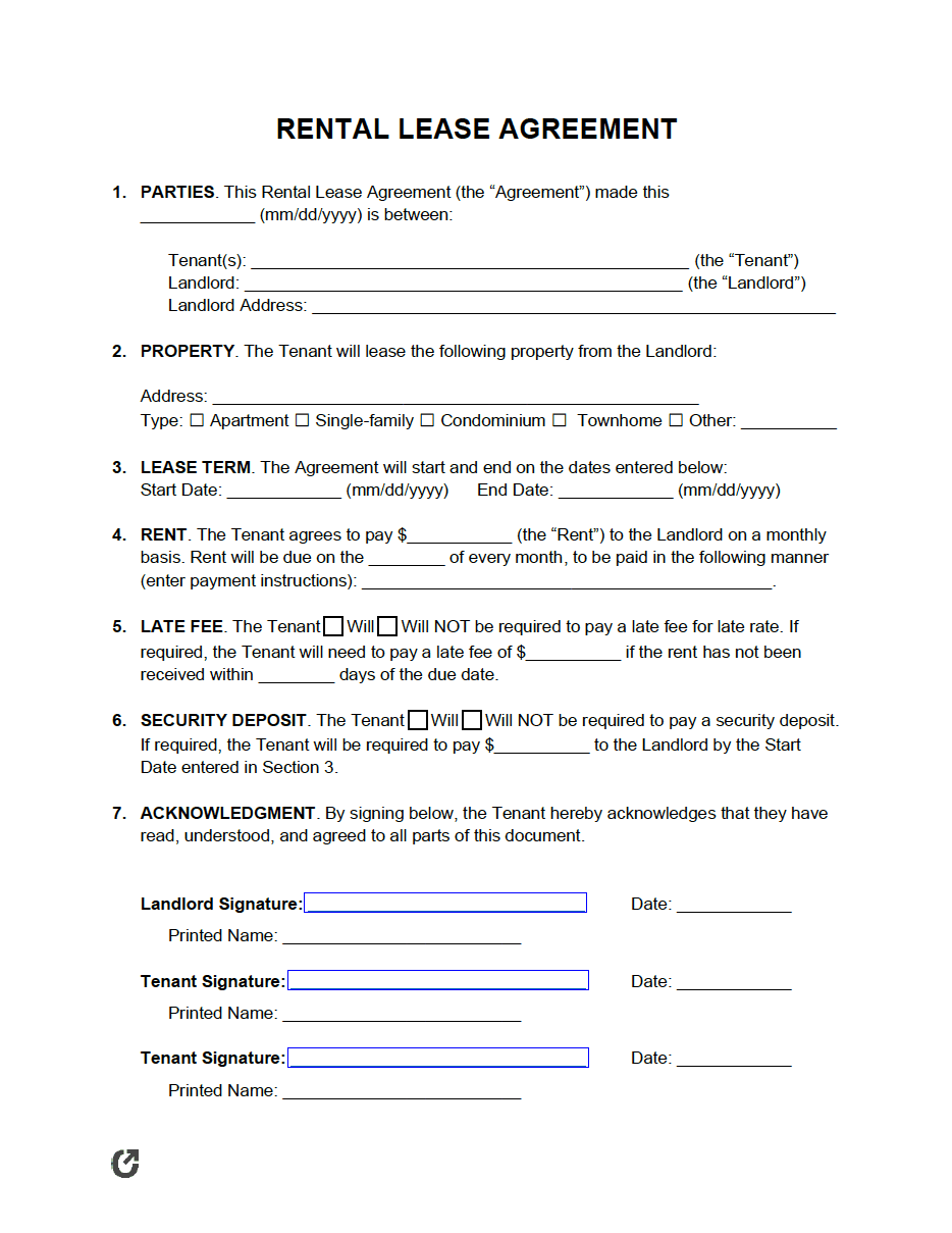 blank rental agreement template