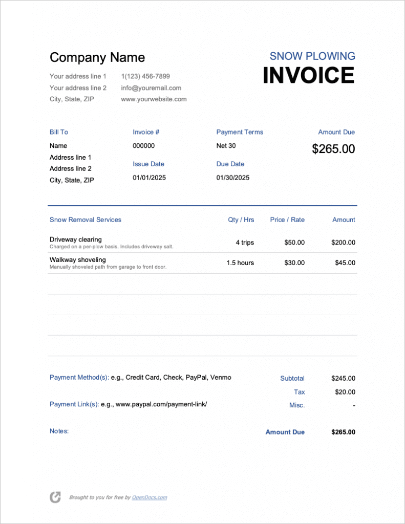 Free Snow Plowing Invoice Template PDF WORD EXCEL