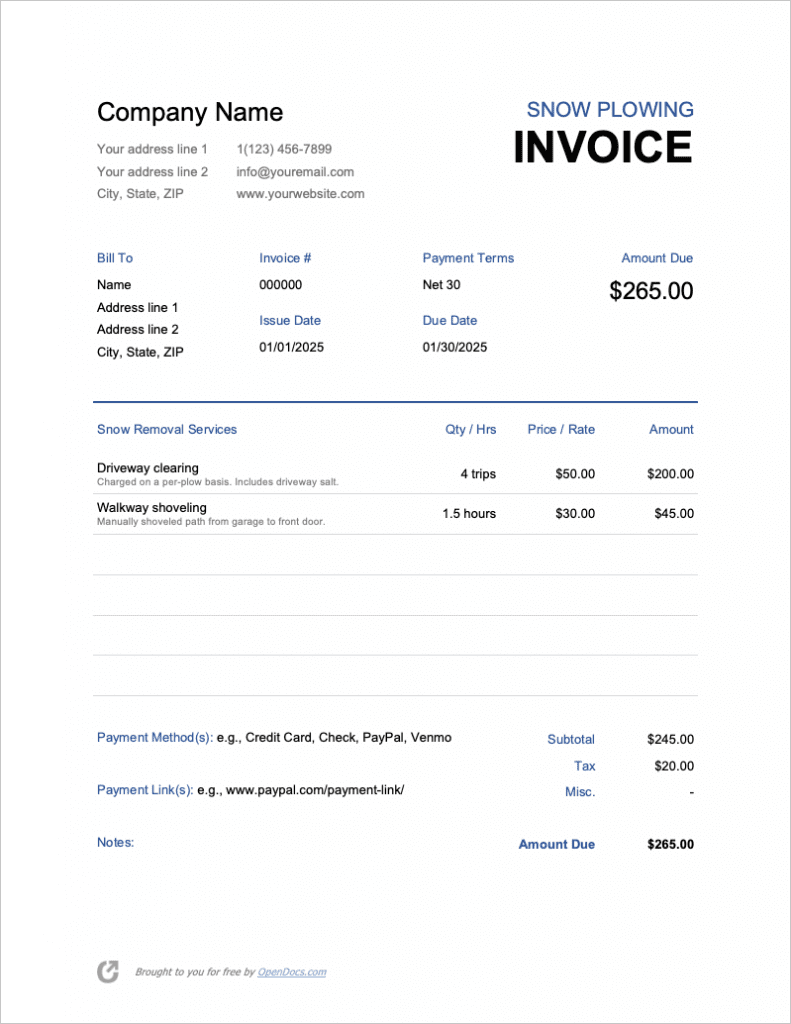 Snow Plow Invoice Template