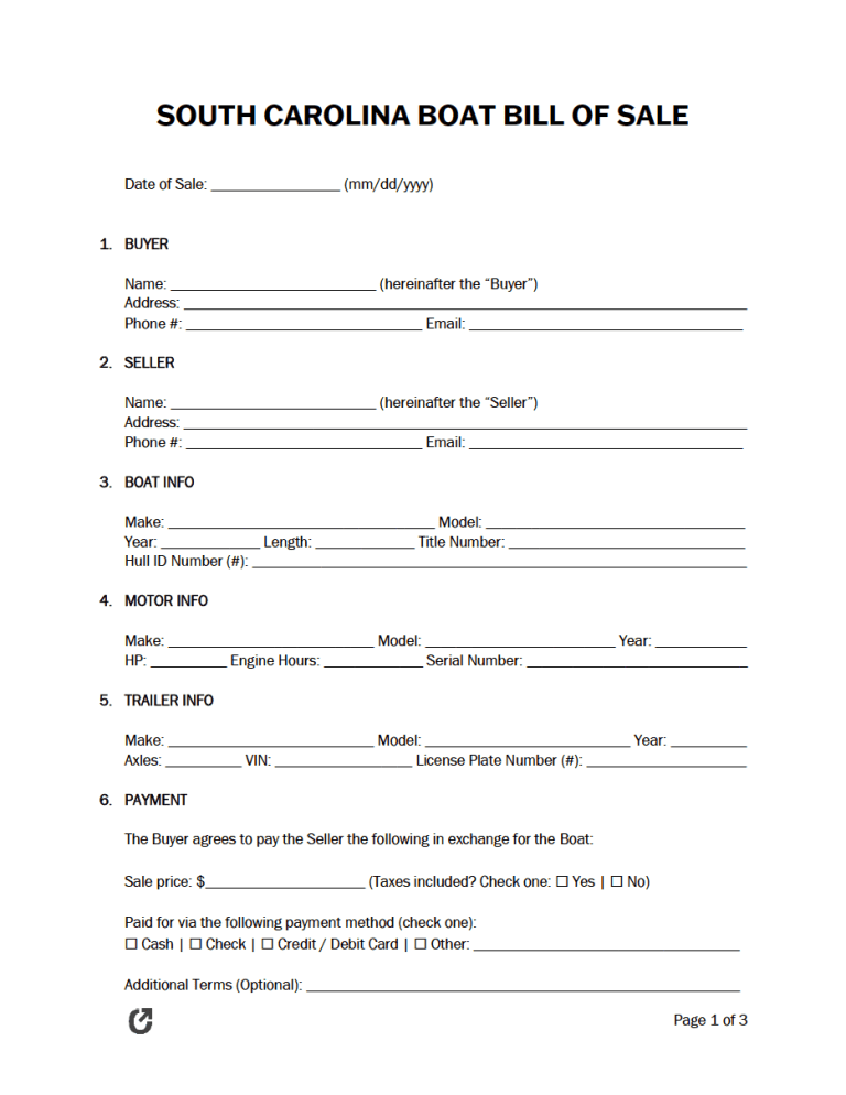 Free South Carolina Boat Bill of Sale Form | PDF | WORD | RTF