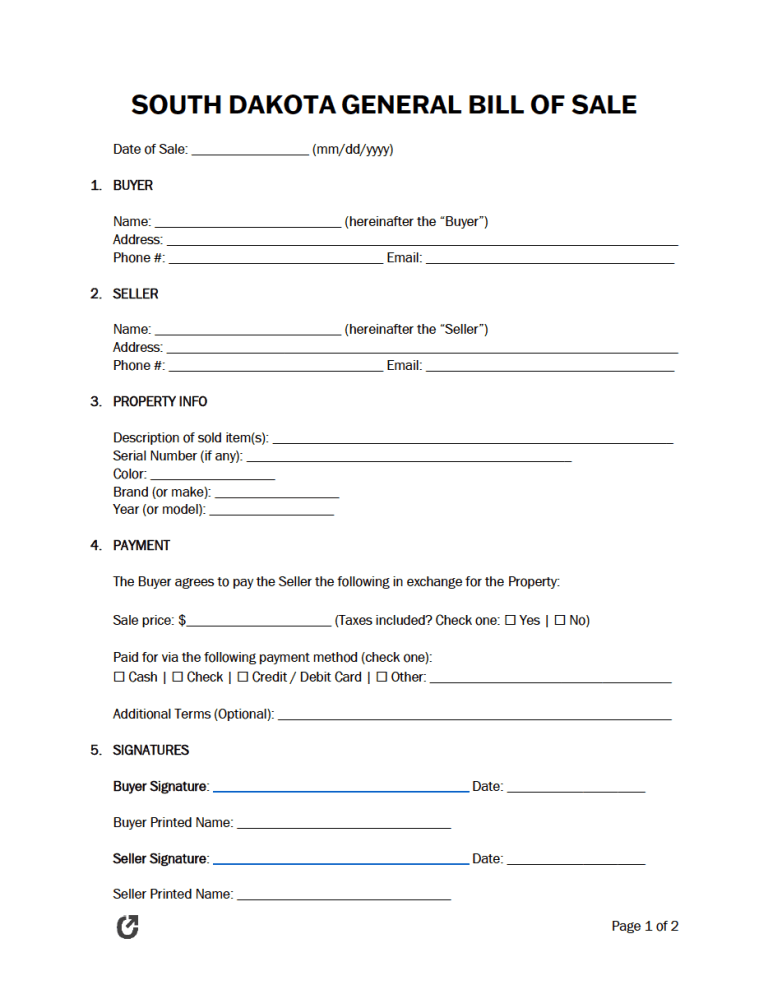 Free South Dakota Bill Of Sale Forms 5 Pdf 4209