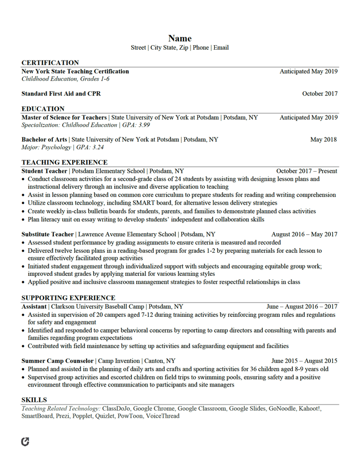 resume format for drawing teacher