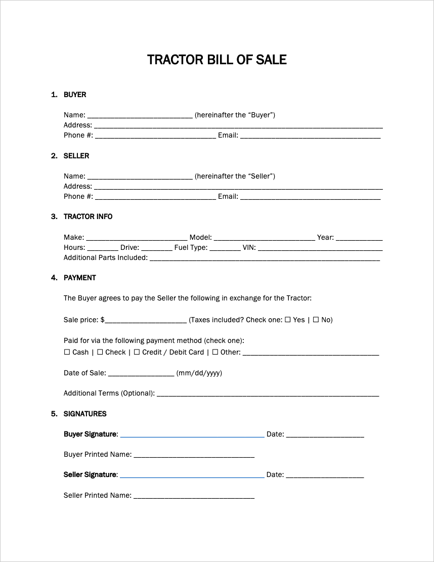 Tractor Bill Of Sale Word Template