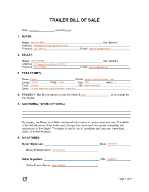 Free Trailer Bill of Sale Form | PDF | WORD | RTF