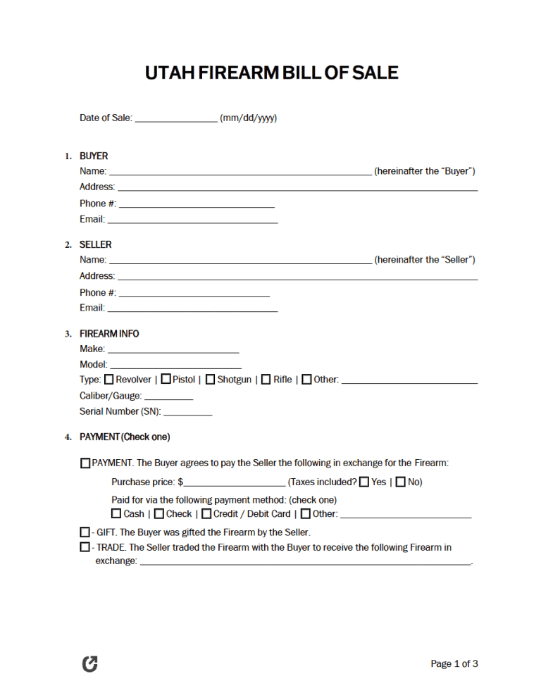 Free Utah Bill Of Sale Forms 5 Pdf 1189