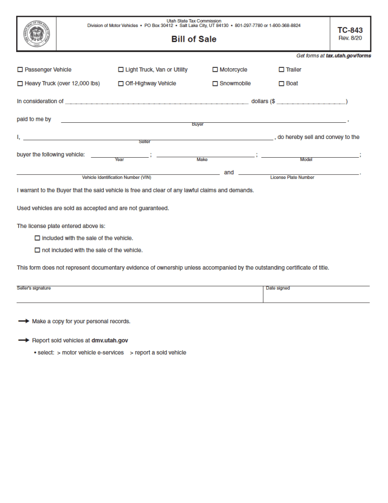 Free Utah Bill of Sale Forms (5) PDF