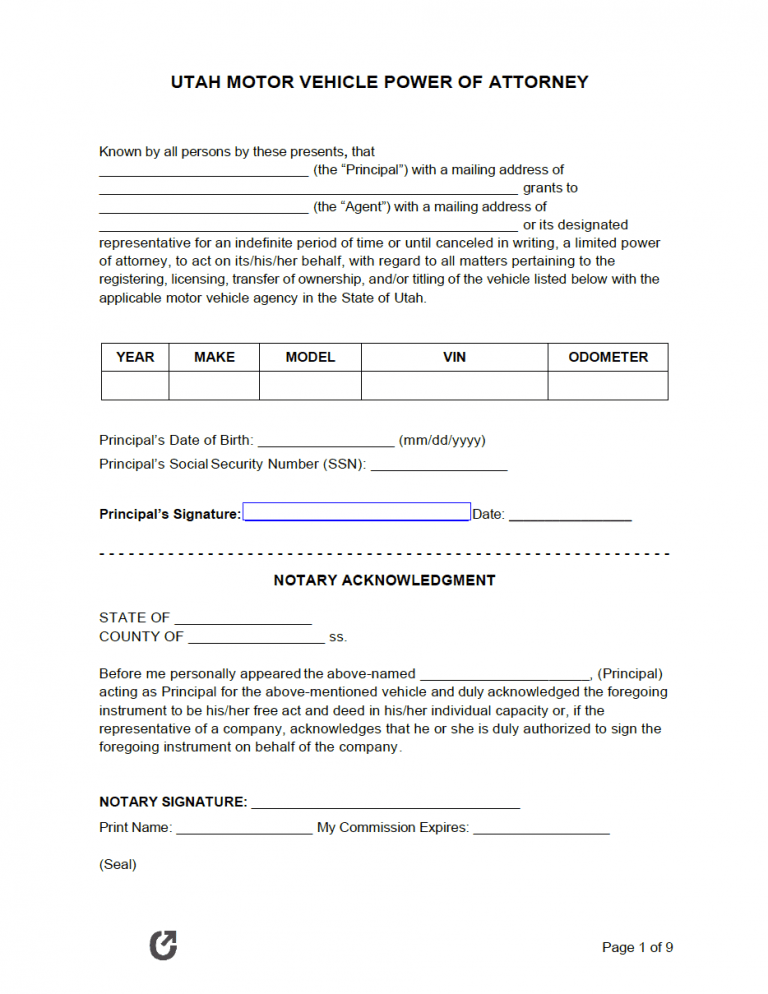 Utah Motor Vehicle Power of Attorney Form preview
