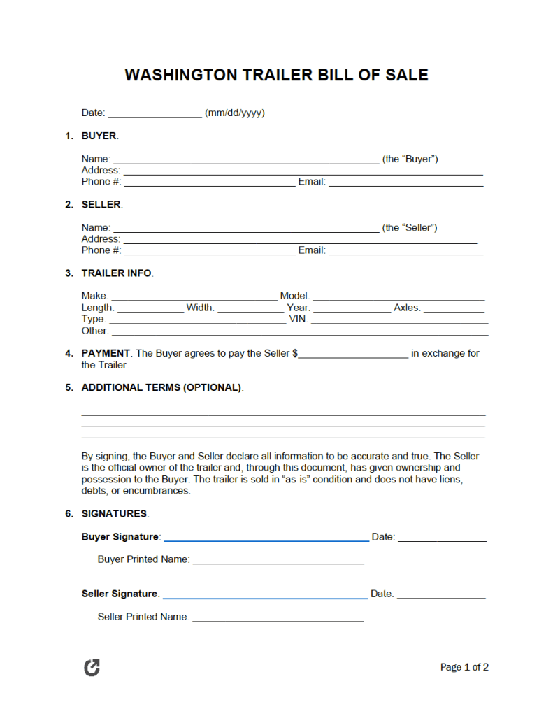 Free Washington Bill of Sale Forms PDF