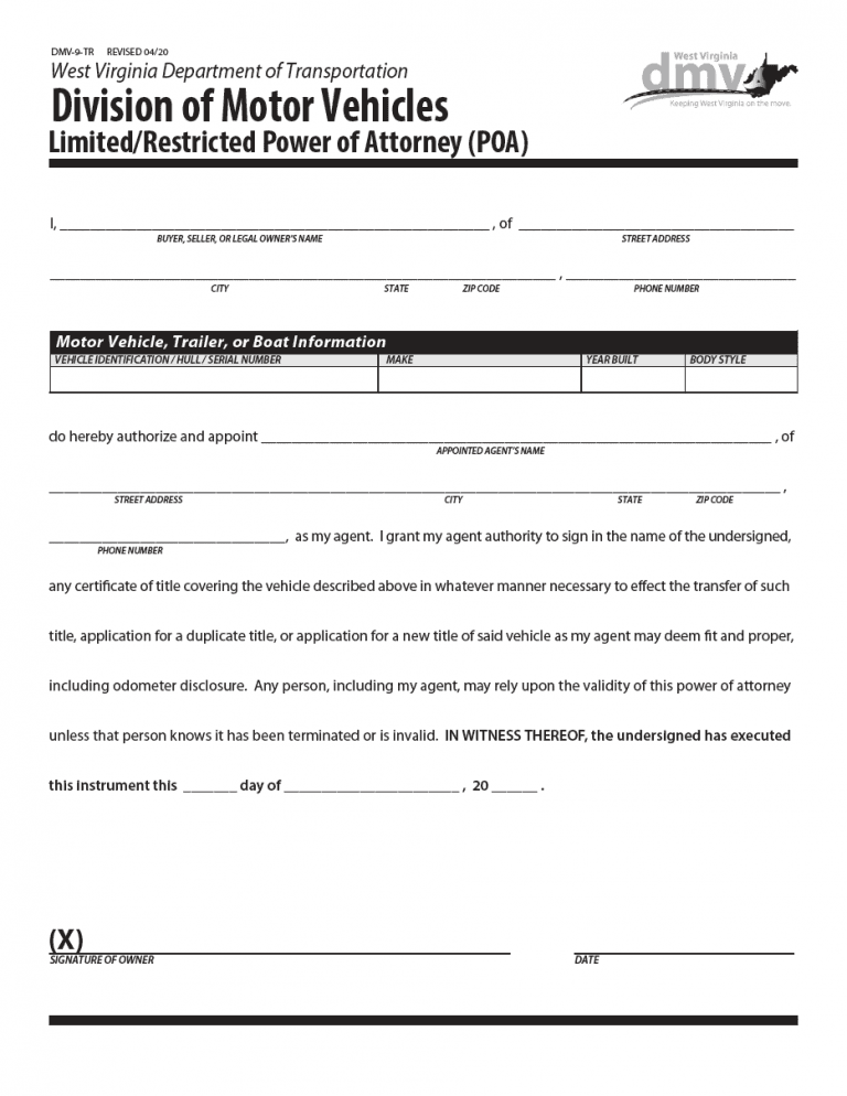 West Virginia Vehicle Power of Attorney (DMV-9-TR) preview
