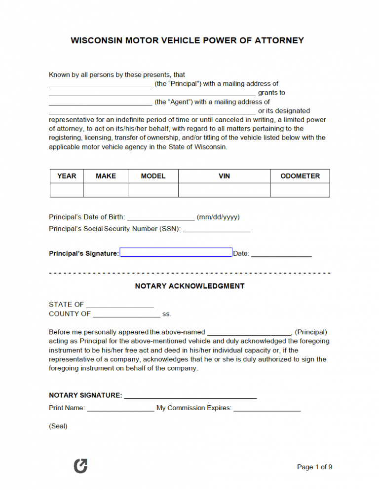 Wisconsin Motor Vehicle Power of Attorney Form preview